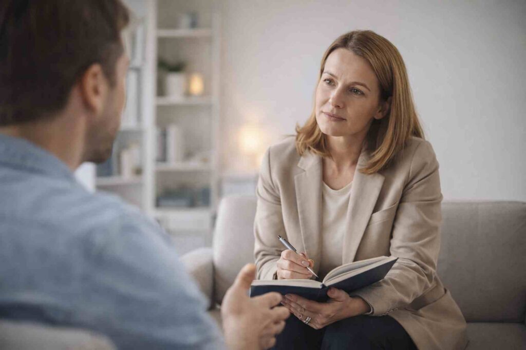 Therapist meeting with client during outpatient addiction treatment session